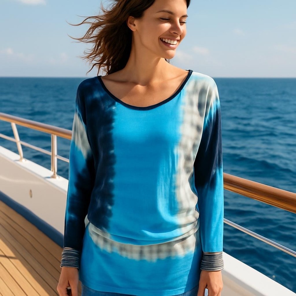 Uluwatu Blue Tie Dye Beaded Cuff Dolman Sleeve Tunic Mini Dress Small NWT
